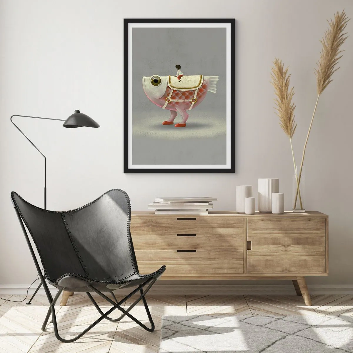 Affiche dans un cadre noir - Poster - Un poisson fantastique avec une selle et une silhouette sur fond gris - 50x70cm - Le cavalier poisson - Décoration murale moderne pour le salon et la chambre ARTTOR