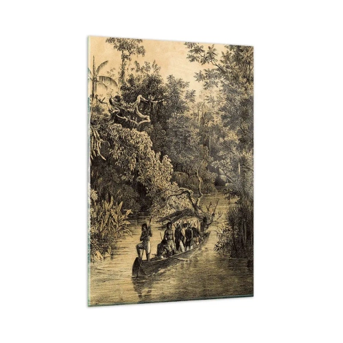 Impression sur verre - Image sur verre - Dessin d'une jungle avec un bateau sur une rivière - 80x120cm - Expédition à la source - Décoration murale moderne pour le salon et la chambre ARTTOR