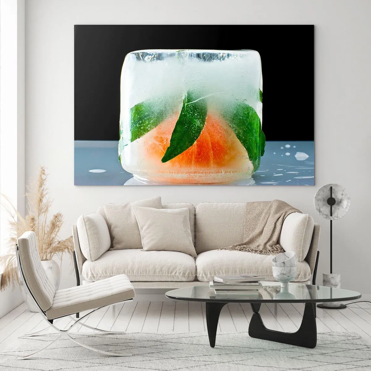 Impression sur verre - Image sur verre - Fruits et feuilles congelés dans de la glace transparente - 100x70cm - Fraîcheur et rafraîchissement - Décoration murale moderne pour le salon et la chambre ARTTOR