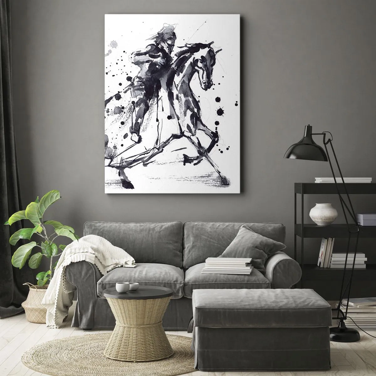 Impression sur toile - Image sur toile - Aquarelle noir et blanc d'un cavalier sur un cheval au galop - 50x70cm - Chevalier noir - Décoration murale moderne pour le salon et la chambre ARTTOR