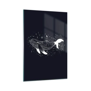 Impression sur verre - Image sur verre - Une illustration graphique d'une baleine dans un style de l'ère spatiale. - 80x120cm - Dans l'océan de l'univers - Décoration murale moderne pour le salon et la chambre ARTTOR