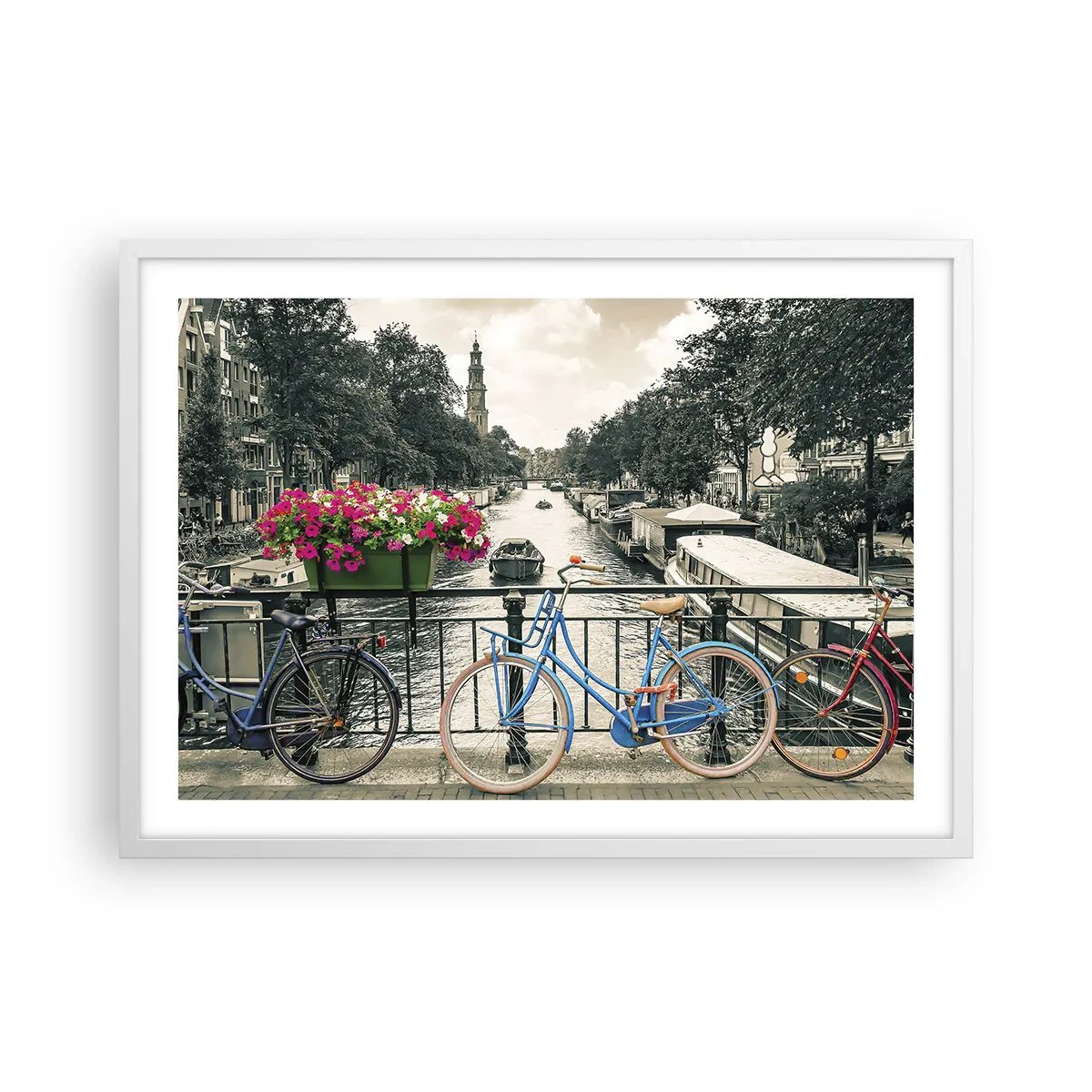 Affiche dans un cadre blanc - Poster - Couleurs de rue d'Amsterdam - 70x50 cm