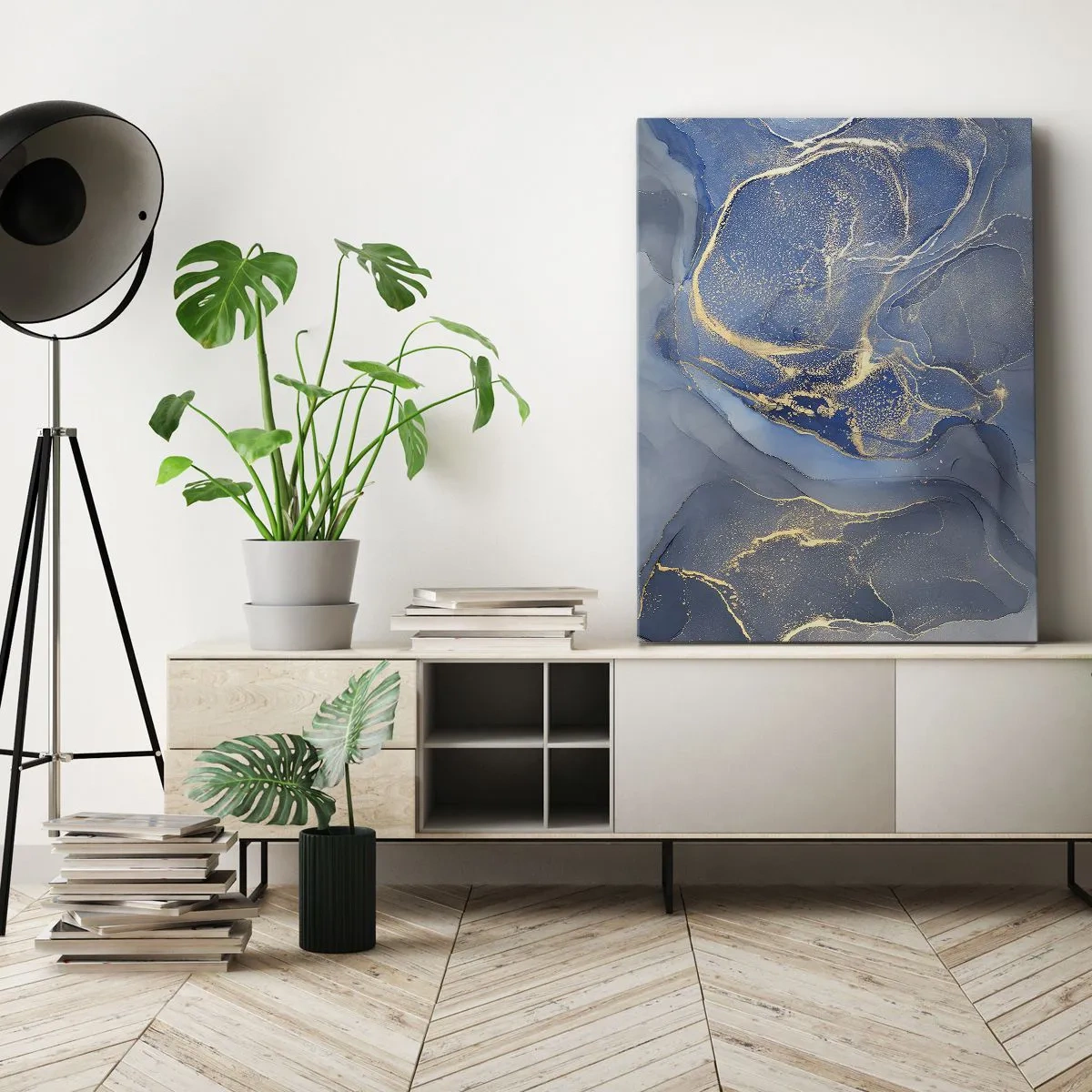 Impression sur toile - Image sur toile - Motifs bleus abstraits avec des accents dorés - 50x70cm - Poussière d'or - Décoration murale moderne pour le salon et la chambre ARTTOR