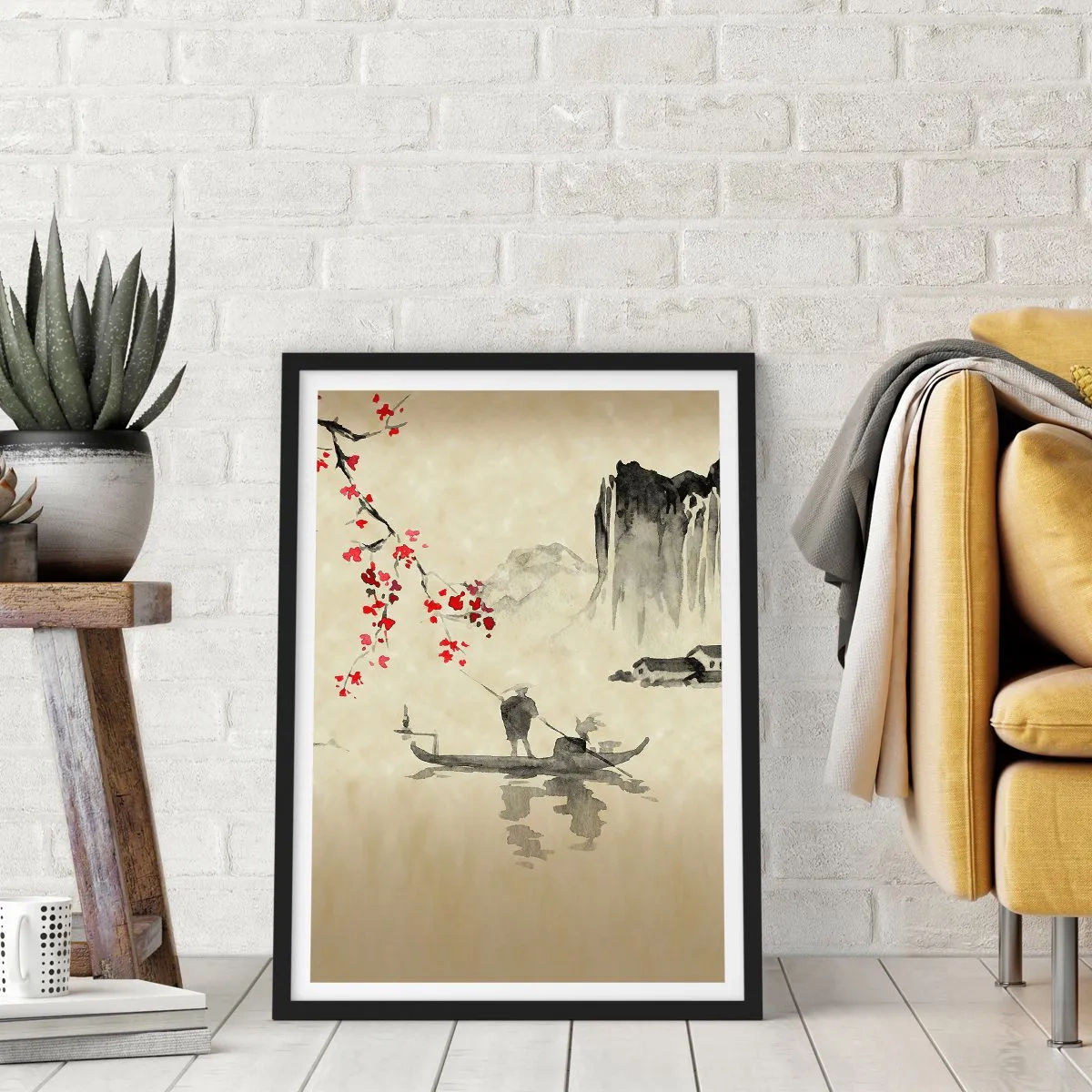 Affiche dans un cadre noir - Poster - Scène orientale avec des pêcheurs sur un bateau - 50x70cm - Au pays des cerisiers en fleurs - Décoration murale moderne pour le salon et la chambre ARTTOR