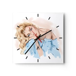 Horloge murale - Pendule murale - Portrait d'une femme en robe bleue aux cheveux blonds - 30x30cm - Rêveuse en bleu - Décoration murale moderne pour le salon et la chambre ARTTOR