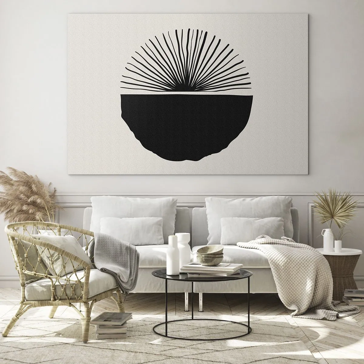 Impression sur verre - Image sur verre - Une forme géométrique noire avec un éventail de lignes sur un fond crème. - 70x50cm - Une gamme de possibilités - Décoration murale moderne pour le salon et la chambre ARTTOR