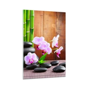 Impression sur verre - Image sur verre - Bambou de style zen, pierres et orchidées roses sur fond de bois - 70x100cm - Rencontrez les plaisirs de l'est - Décoration murale moderne pour le salon et la chambre ARTTOR