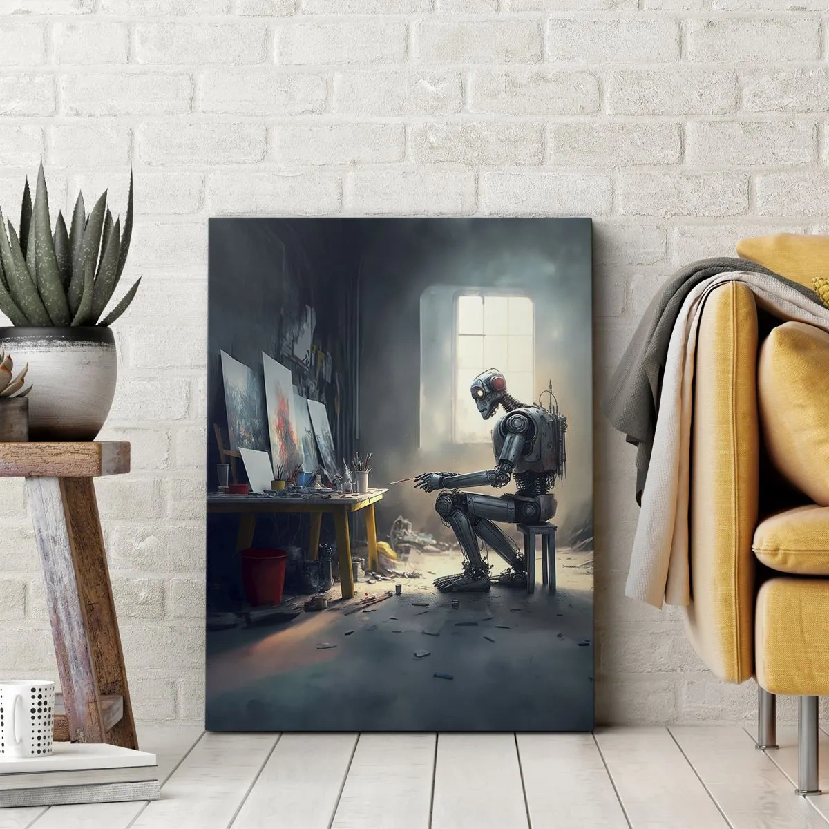 Impression sur toile - Image sur toile - Un robot peignant un tableau dans un atelier d'art - 50x70cm - L'acte de création - Décoration murale moderne pour le salon et la chambre ARTTOR