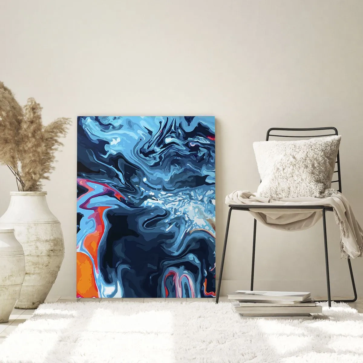 Impression sur verre - Image sur verre - Un motif abstrait dans des tons de bleu avec des accents orange. - 80x120cm - Voyage au centre du ciel - Décoration murale moderne pour le salon et la chambre ARTTOR