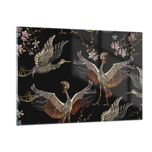 Impression sur verre - Image sur verre - Oiseaux en vol avec des fleurs sur fond noir, style rétro - 120x80cm - Un oiseau de conte de fées - Décoration murale moderne pour le salon et la chambre ARTTOR