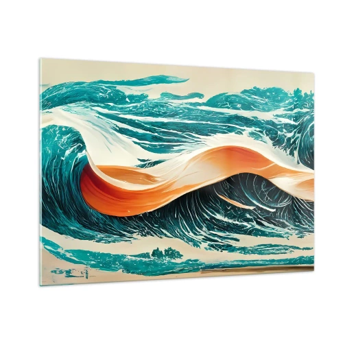 Impression sur verre - Image sur verre - Vagues turquoise avec un ruban orange dans un style surréaliste - 100x70cm - Le rêve d'un surfeur - Décoration murale moderne pour le salon et la chambre ARTTOR