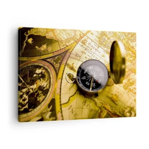 Impression sur toile - Image sur toile - Une boussole antique sur fond d'une vieille carte du monde - 70x50cm - Ou peut-être jusqu'au bout du monde ? - Décoration murale moderne pour le salon et la chambre ARTTOR