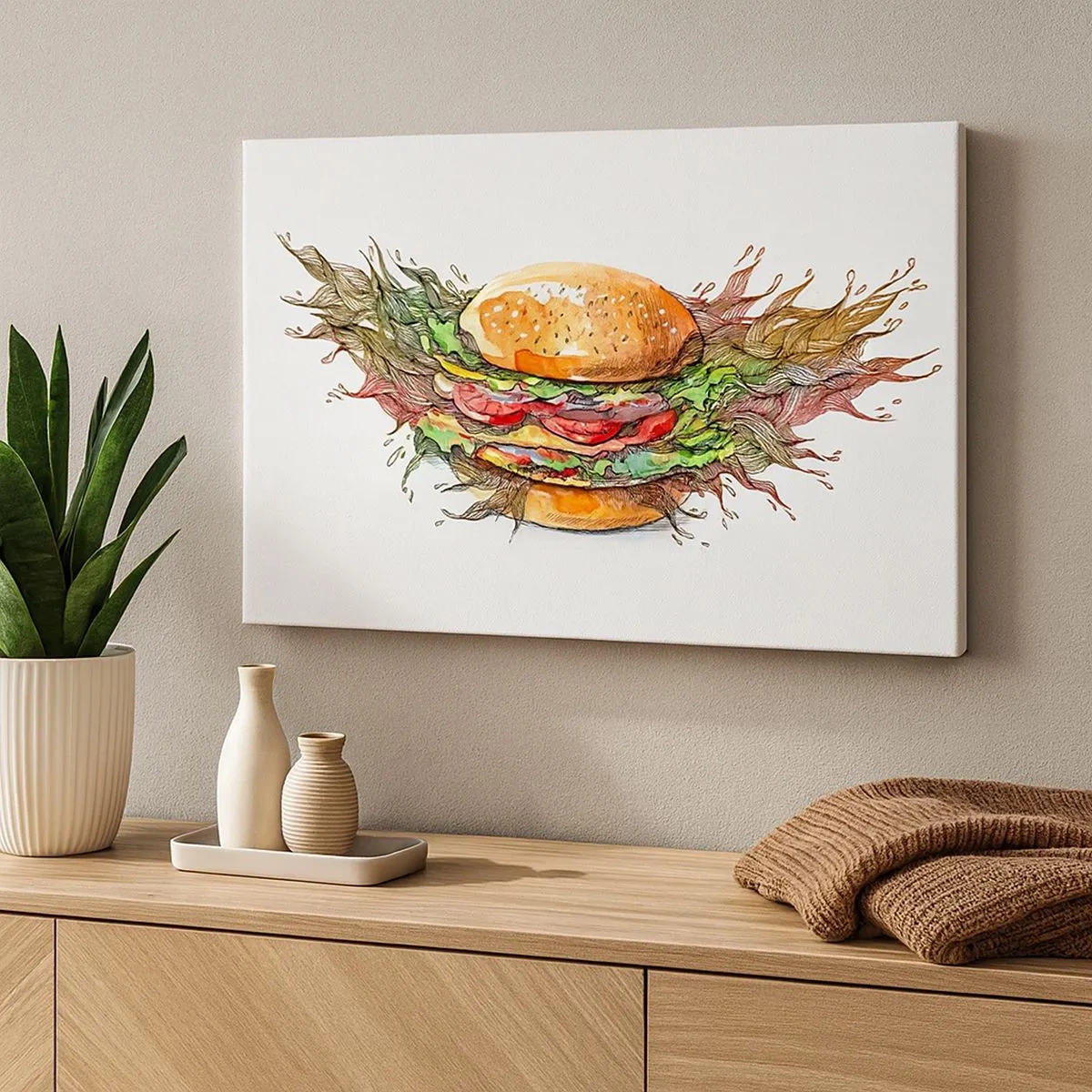 Impression sur toile - Image sur toile - Illustration artistique d'un burger avec des éléments dynamiques - 70x50cm - Tentation chaude - Décoration murale moderne pour le salon et la chambre ARTTOR