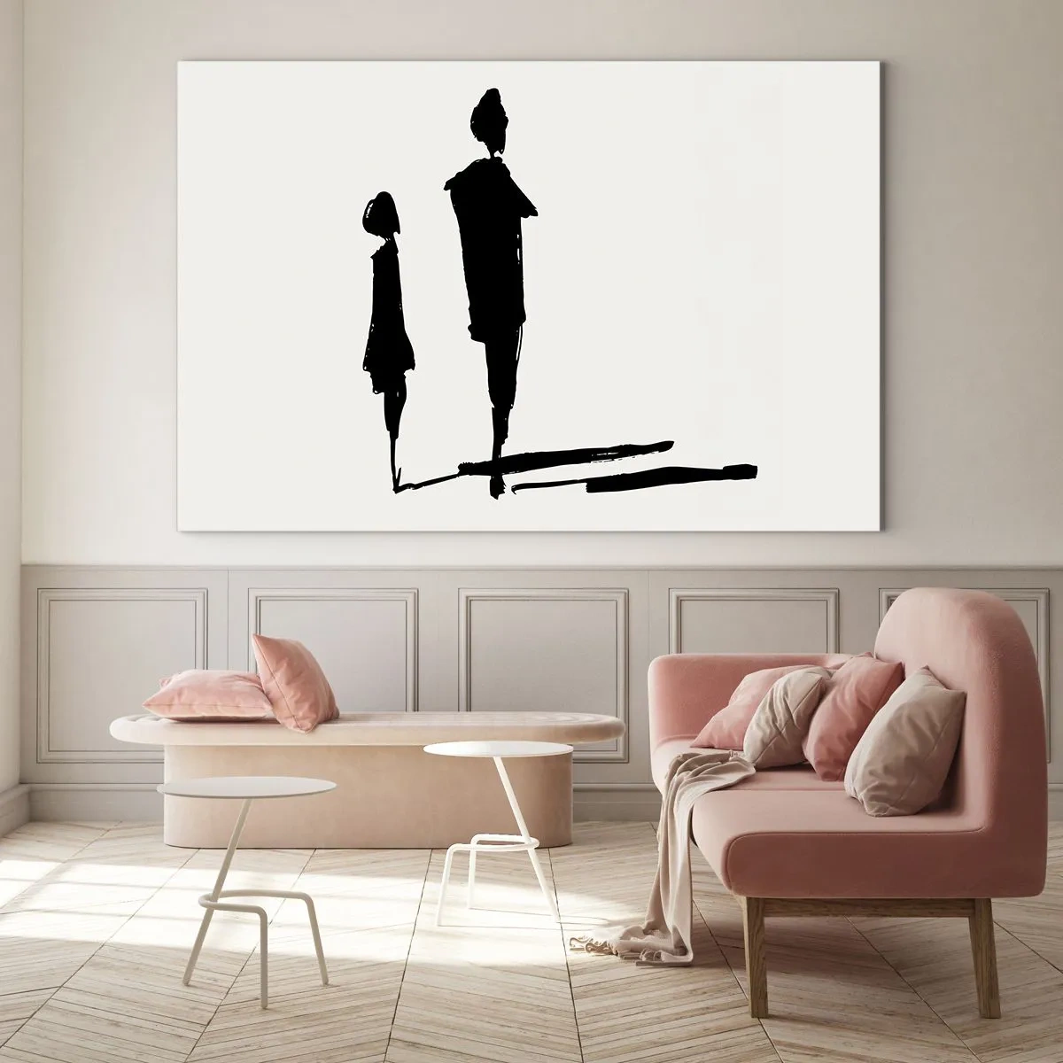 Impression sur verre - Image sur verre - Silhouettes noires de deux personnages avec des ombres sur un fond clair - 100x70cm - Êtes-vous sûr qu'ils sont ensemble ? - Décoration murale moderne pour le salon et la chambre ARTTOR