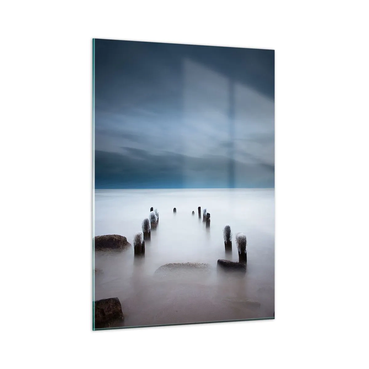 Impression sur verre - Image sur verre - Paysage balnéaire atmosphérique avec pilotis en bois - 50x70cm - Lac pensif - Décoration murale moderne pour le salon et la chambre ARTTOR