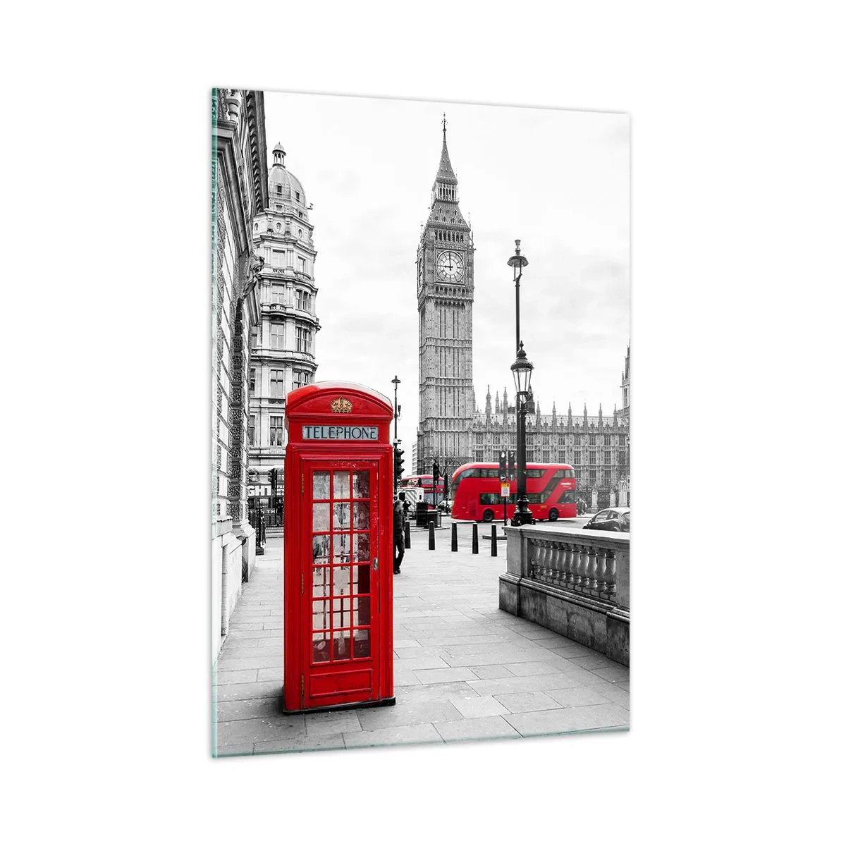 Impression sur verre - Image sur verre - Londres en noir et blanc avec une cabine téléphonique rouge et un bus - 50x70cm - Sans aucun doute Londres - Décoration murale moderne pour le salon et la chambre ARTTOR