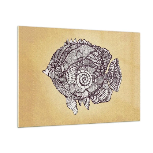 Impression sur verre - Image sur verre - Un poisson de dessin animé avec des ornements sur un fond beige - 100x70cm - D'un océan d'ornements - Décoration murale moderne pour le salon et la chambre ARTTOR