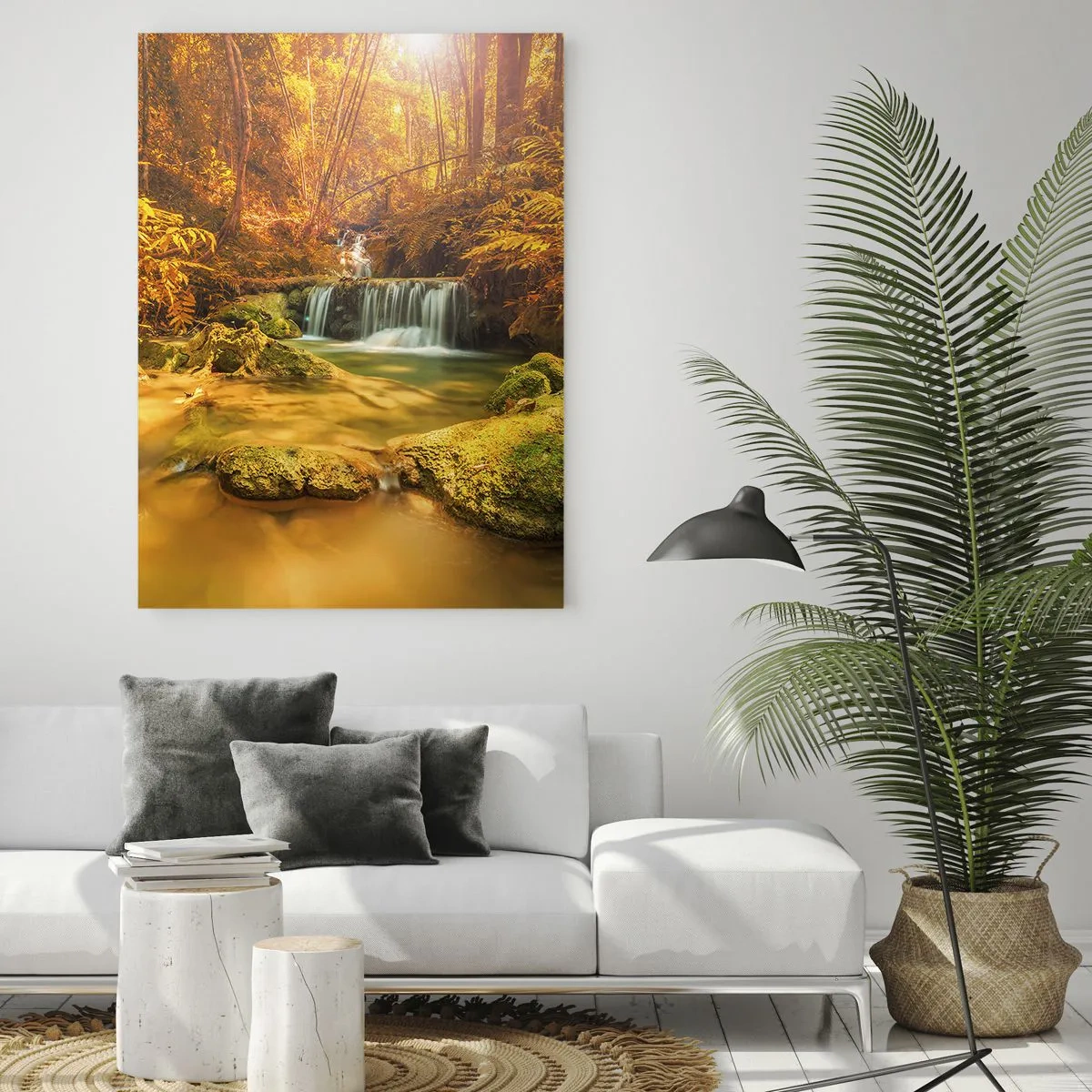 Impression sur verre - Image sur verre - Cascade forestière en or - 50x70cm - Cascade de forêt en or - Décoration murale moderne pour le salon et la chambre ARTTOR