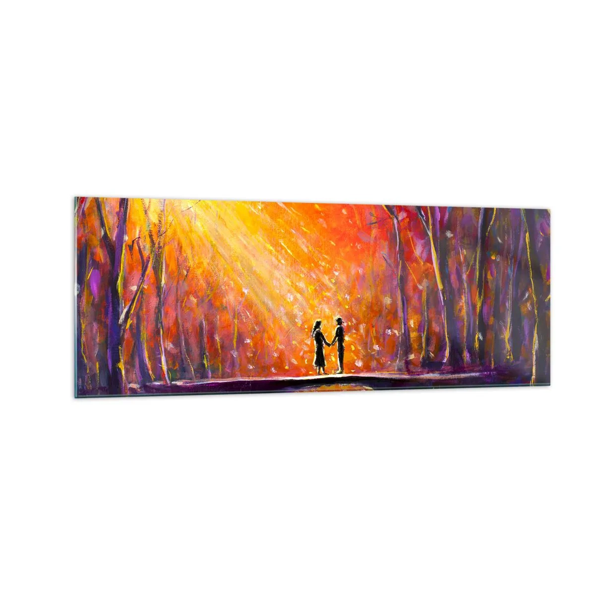 Impression sur verre - Image sur verre - Couple romantique sur un pont dans la forêt d'automne - 140x50cm - Le ciel les aime aussi - Décoration murale moderne pour le salon et la chambre ARTTOR
