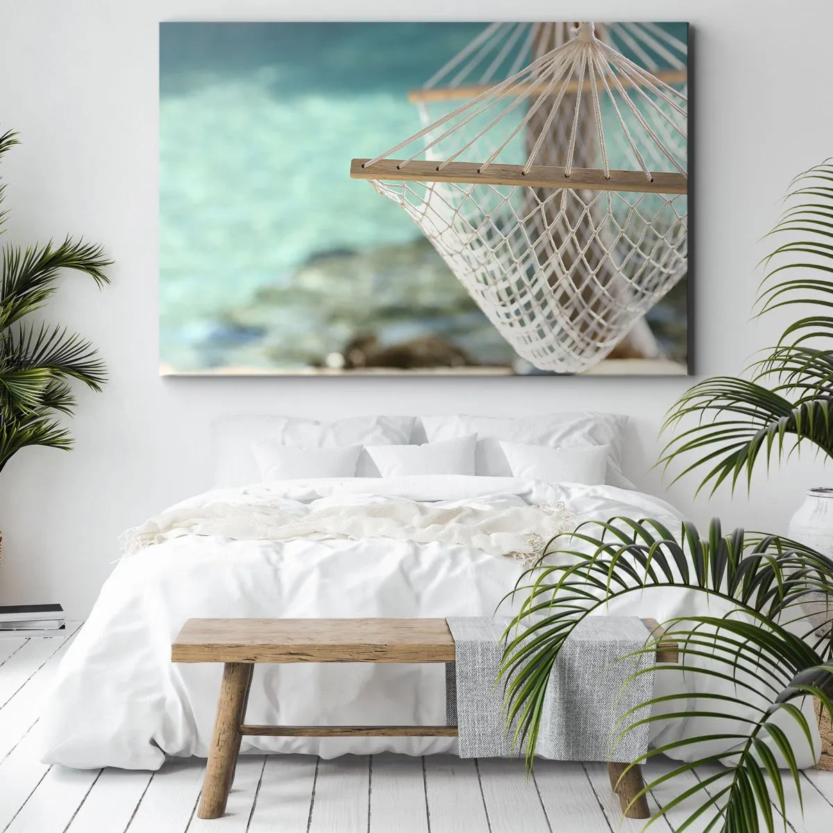 Impression sur toile - Image sur toile - Un hamac surplombant l'eau turquoise - 120x80cm - Le temps de la détente - Décoration murale moderne pour le salon et la chambre ARTTOR