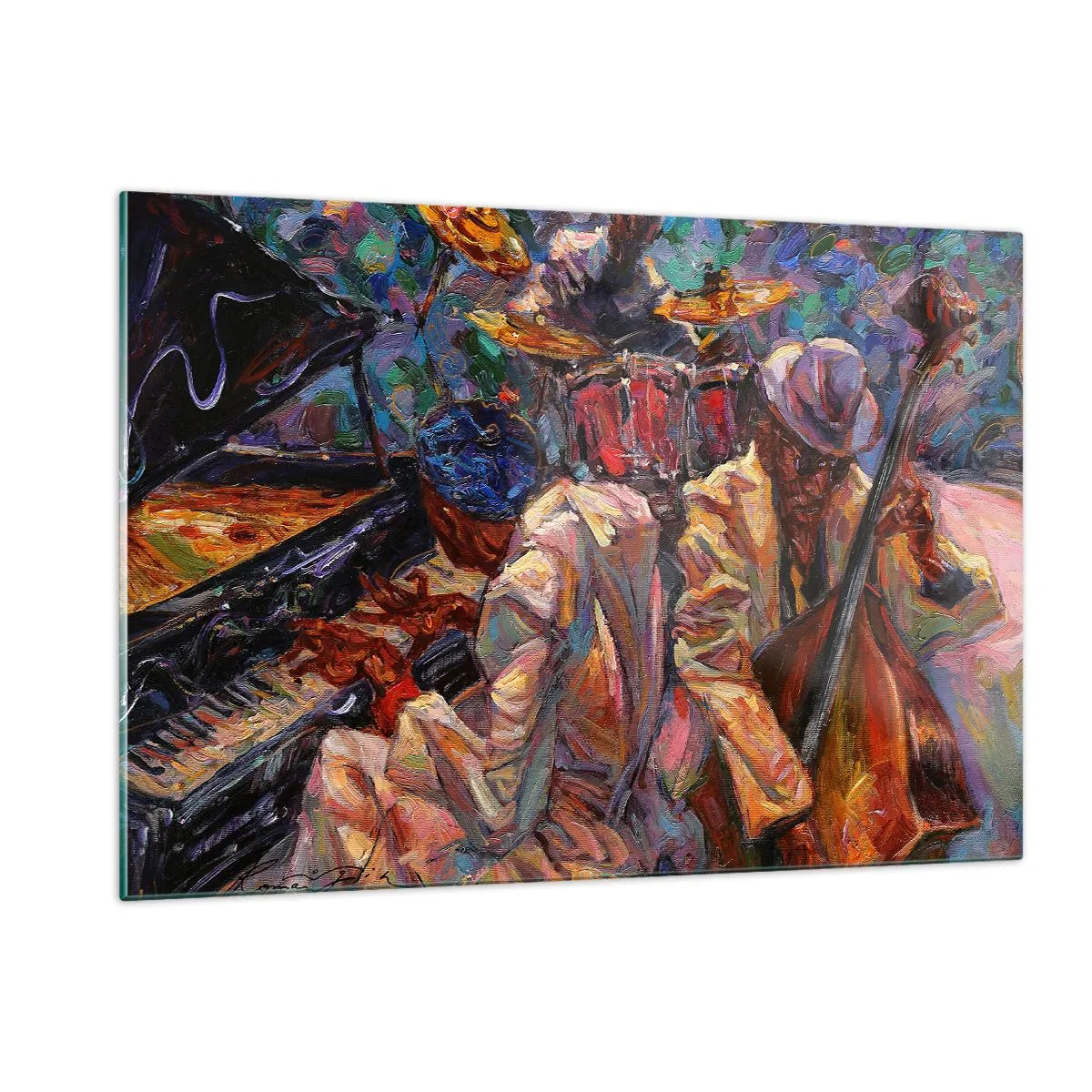 Impression sur verre - Image sur verre - Une scène de jazz colorée avec des musiciens et des instruments - 120x80cm - Dans le même tempo - Décoration murale moderne pour le salon et la chambre ARTTOR