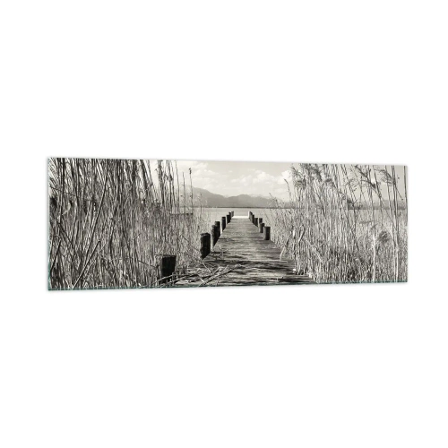 Impression sur verre - Image sur verre - Une jetée en bois parmi les hautes herbes au-dessus d'un lac aux tons sépia - 160x50cm - Dans le calme de l'herbe - Décoration murale moderne pour le salon et la chambre ARTTOR
