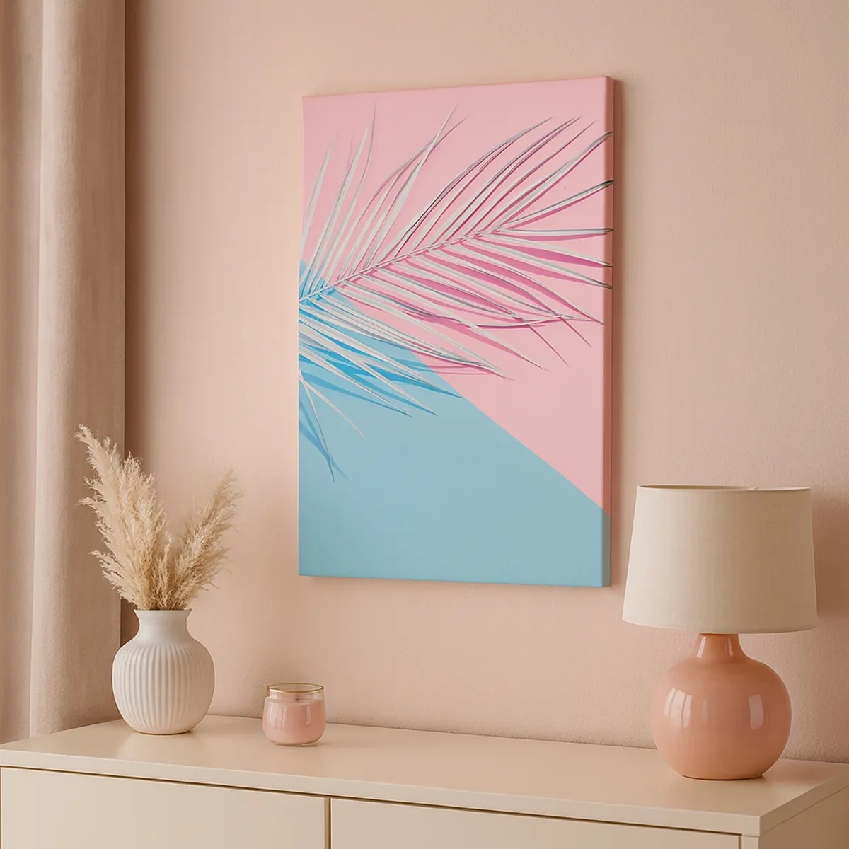 Impression sur toile - Image sur toile - Feuille tropicale sur un fond de tons pastel de rose et de bleu - 50x70cm - Impression tropicale - Décoration murale moderne pour le salon et la chambre ARTTOR