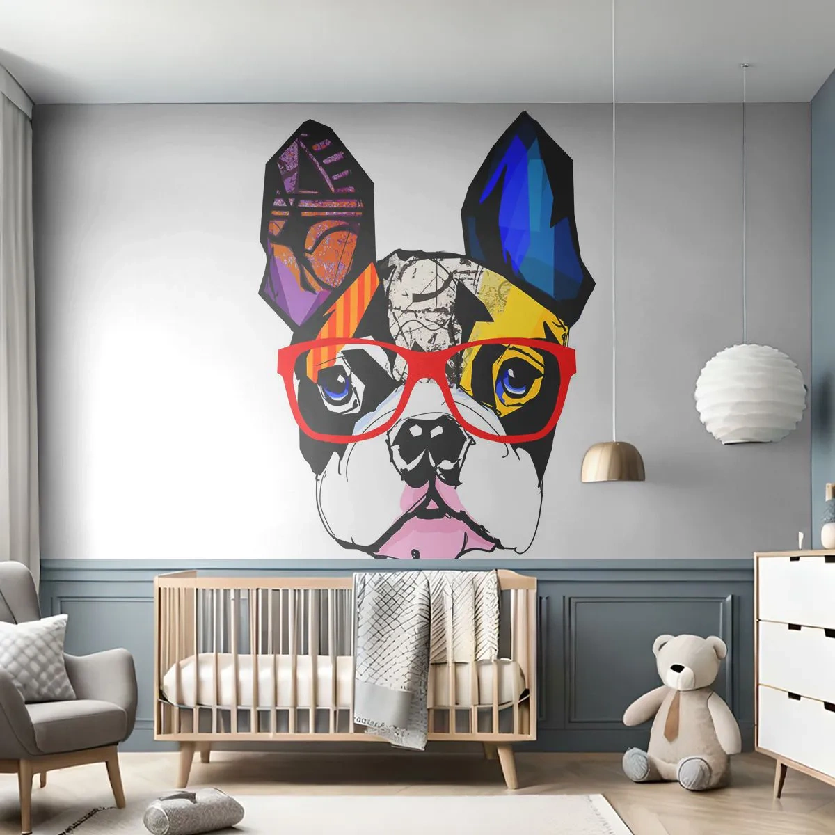 Papier Peint Photo Premium Canvas - Bouledogue dans une illustration colorée avec des lunettes rouges - 100x70cm - Intellectuel - Décoration murale moderne pour le salon et la chambre ARTTOR