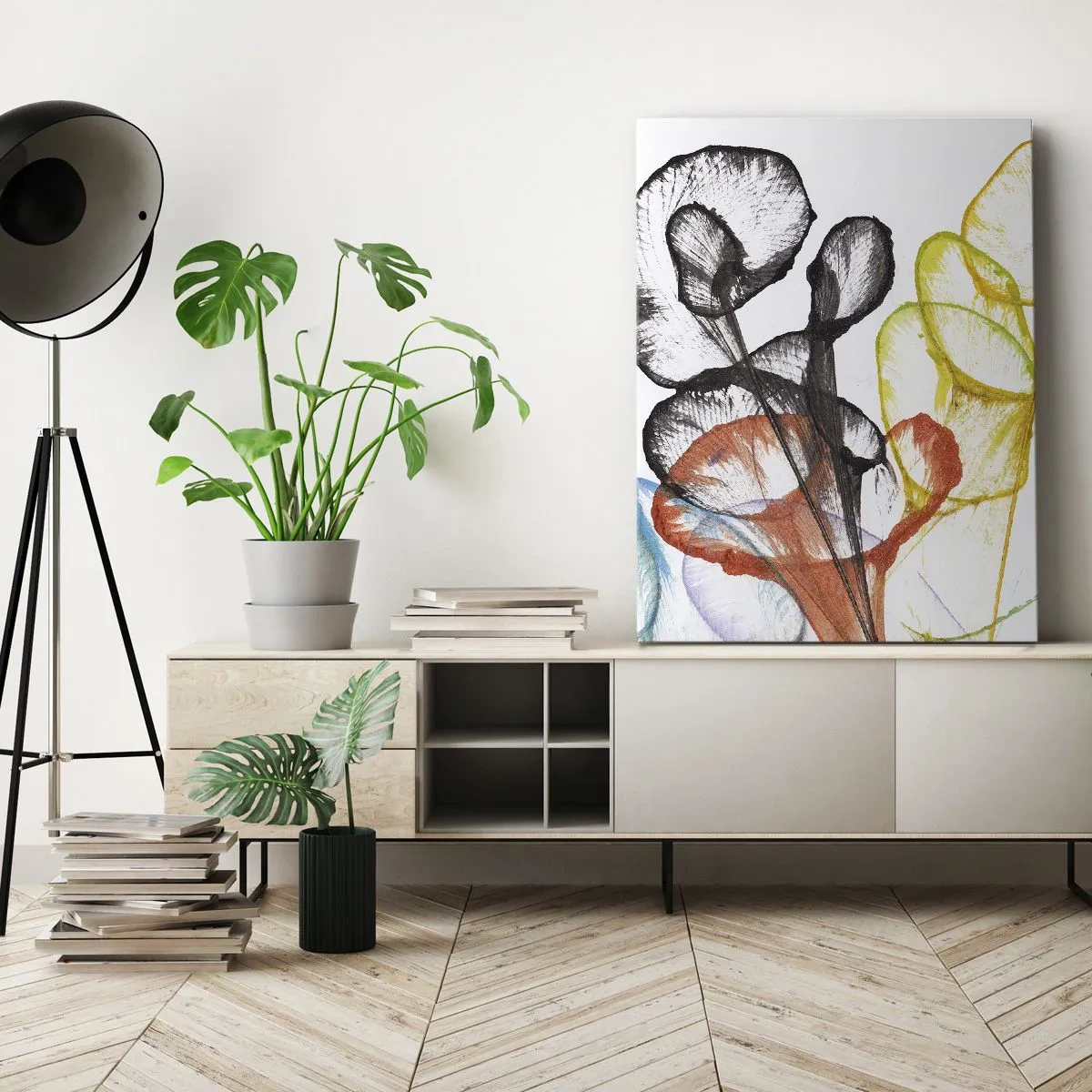Impression sur toile - Image sur toile - Fleurs transparentes colorées sur fond blanc - 50x70cm - Fleurs avec une âme - Décoration murale moderne pour le salon et la chambre ARTTOR