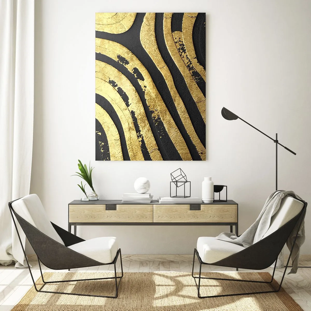Impression sur verre - Image sur verre - Lignes abstraites dorées sur fond noir dans un style glamour - 50x70cm - Tout coule - Décoration murale moderne pour le salon et la chambre ARTTOR