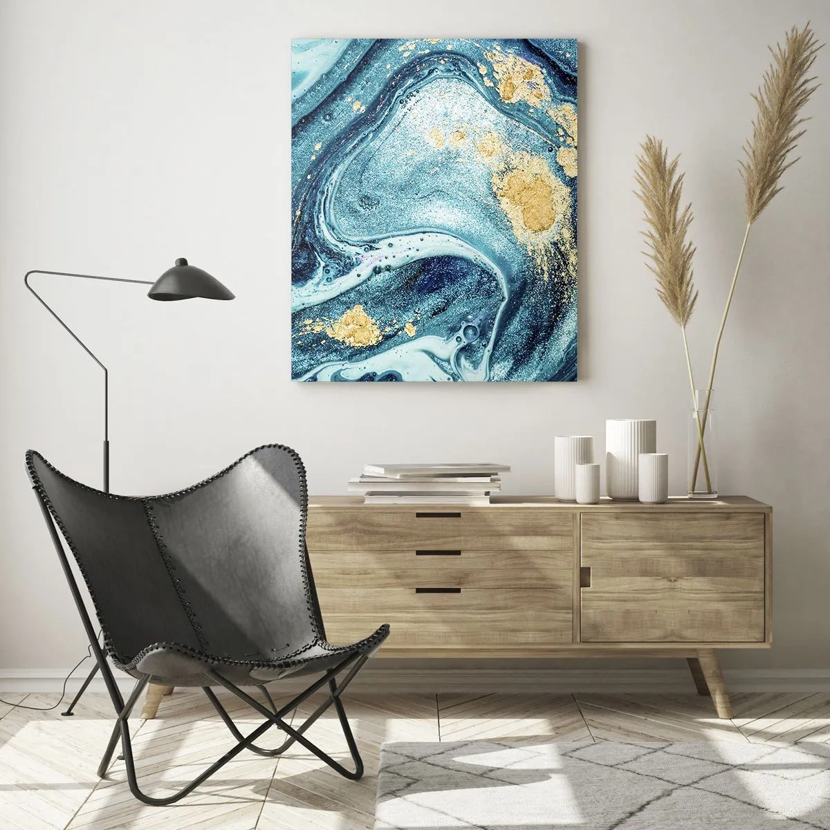 Impression sur verre - Image sur verre - Une composition abstraite de vagues et d'accents dorés - 80x120cm - Vortex bleu - Décoration murale moderne pour le salon et la chambre ARTTOR