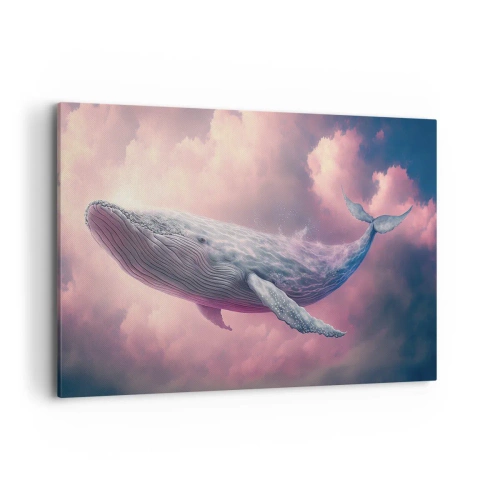 Impression sur toile - Image sur toile - Une baleine flottant dans les nuages au coucher du soleil - 120x80cm - Frottez-vous les yeux - Décoration murale moderne pour le salon et la chambre ARTTOR
