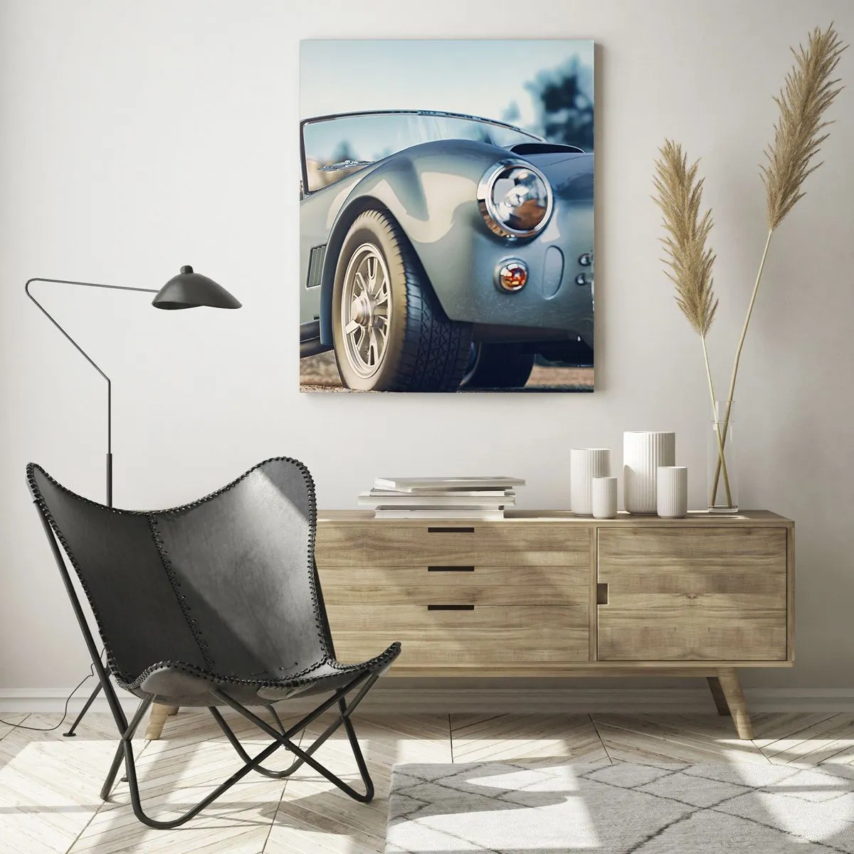 Impression sur verre - Image sur verre - Voiture décapotable classique dans un cadre pittoresque - 80x120cm - Ce qui compte c'est le style - Décoration murale moderne pour le salon et la chambre ARTTOR