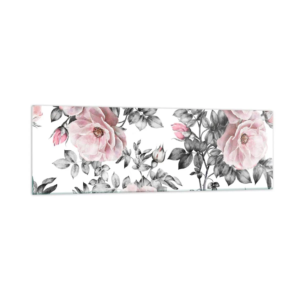 Impression sur verre - Image sur verre - Roses roses et feuilles sur un délicat fond noir et blanc - 160x50cm - Se perdre dans les fleurs des roses - Décoration murale moderne pour le salon et la chambre ARTTOR
