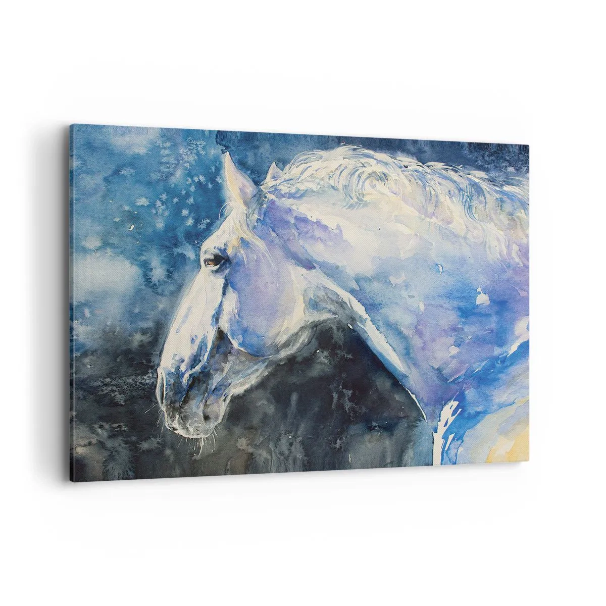 Impression sur toile - Image sur toile - Portrait d'un cheval dans des tons de bleu avec un effet aquarelle pictural. - 120x80cm - Portrait dans une lueur azur - Décoration murale moderne pour le salon et la chambre ARTTOR