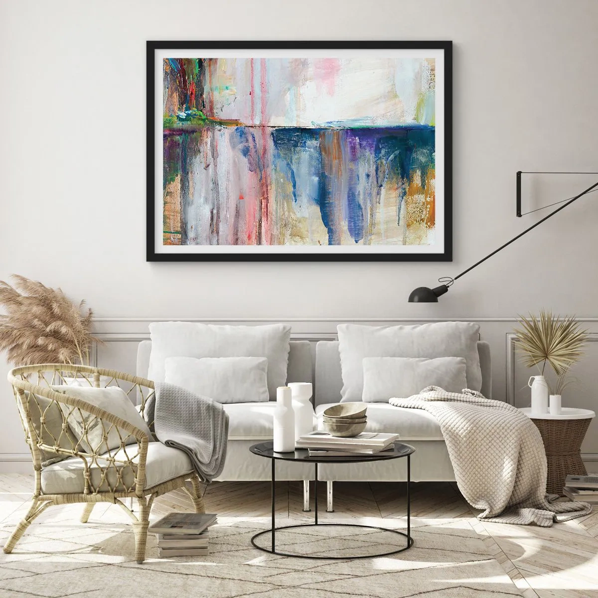 Affiche dans un cadre noir - Poster - Une composition abstraite de couleurs avec un effet de reflet sur la toile. - 100x70cm - Impressions et associations colorées - Décoration murale moderne pour le salon et la chambre ARTTOR