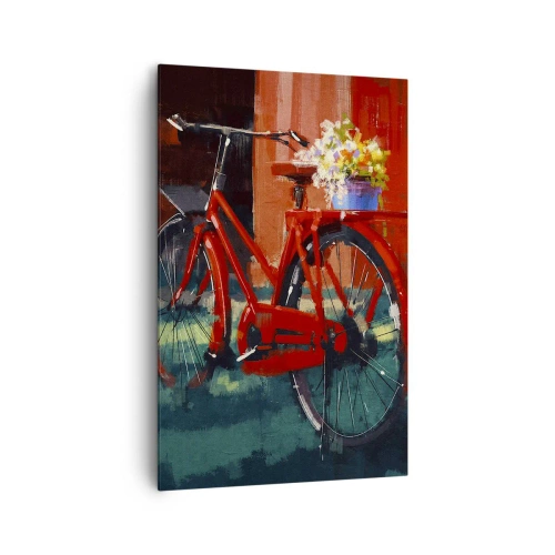 Impression sur toile - Image sur toile - Un vélo rouge avec des fleurs contre un mur orange - 80x120cm - I want to ride my bicycle - Décoration murale moderne pour le salon et la chambre ARTTOR
