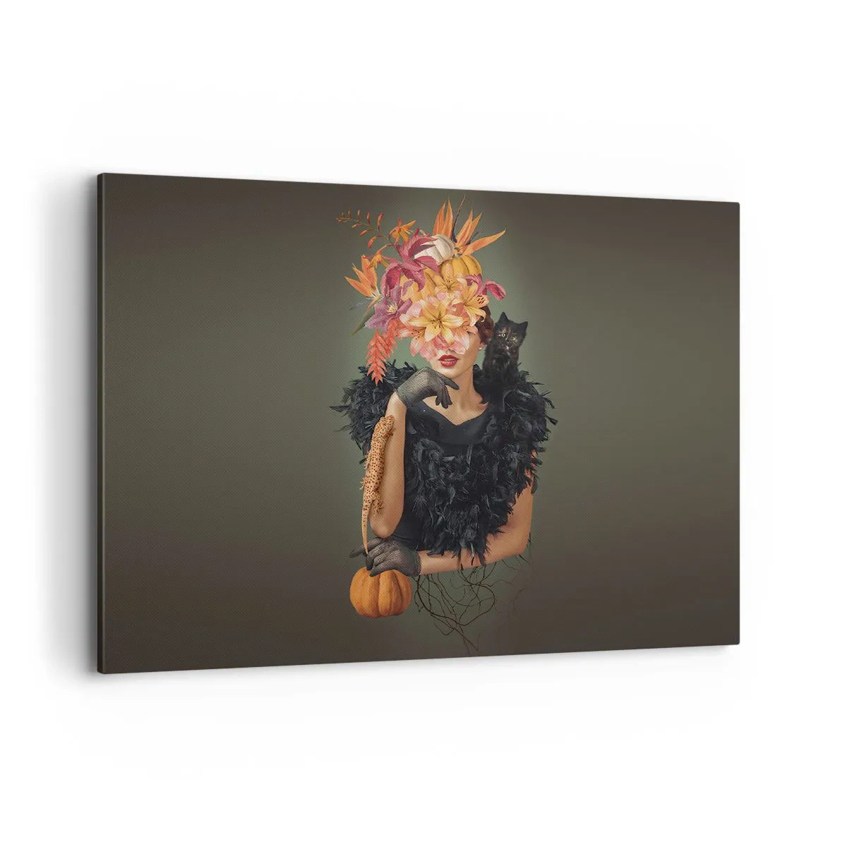 Impression sur toile - Image sur toile - Portrait d'une femme aux motifs d'automne et un chat - 100x70cm - Sort de sorcière - Décoration murale moderne pour le salon et la chambre ARTTOR