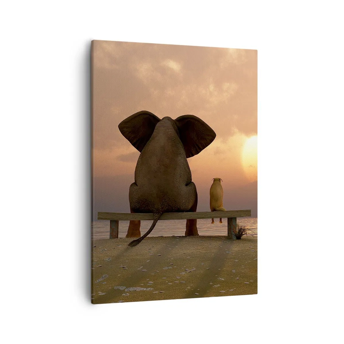 Impression sur toile - Image sur toile - Un éléphant et un chien sont assis sur un banc sur la plage au coucher du soleil. - 50x70cm - C'est bon de garder le silence ensemble - Décoration murale moderne pour le salon et la chambre ARTTOR
