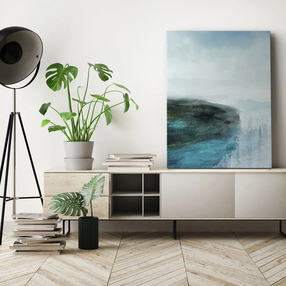 Impression sur toile - Image sur toile - Paysage abstrait dans les tons turquoise et gris - 80x120cm - Abstraction nautique - Décoration murale moderne pour le salon et la chambre ARTTOR