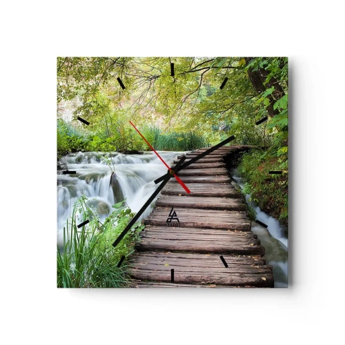 Horloge murale - Pendule murale - Un pont en bois au-dessus d'une cascade entourée d'une forêt verdoyante. - 30x30cm - L'eau n'est pas si calme - Décoration murale moderne pour le salon et la chambre ARTTOR