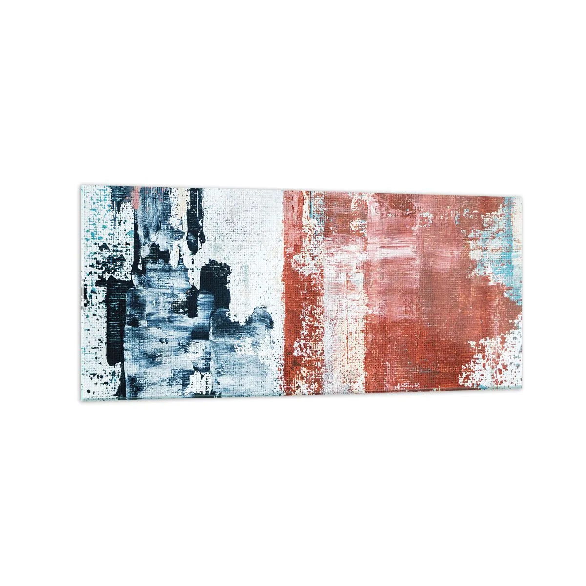 Impression sur verre - Image sur verre - Abstraction aux couleurs blanc, bleu et brique - 120x50cm - Moitié-moitié abstrait - Décoration murale moderne pour le salon et la chambre ARTTOR