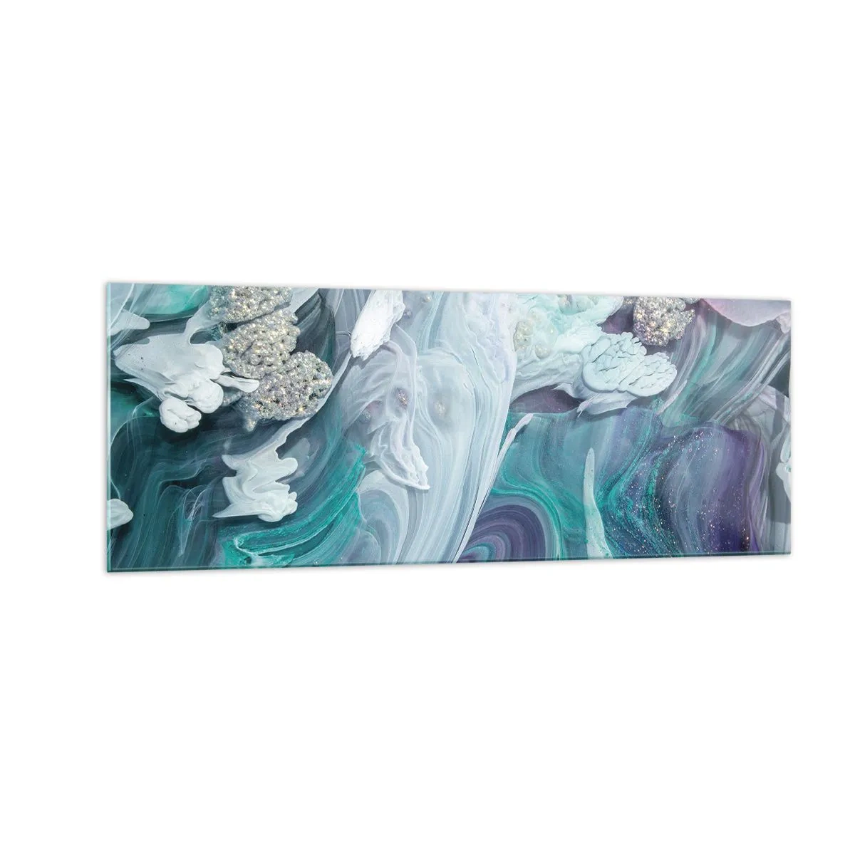 Impression sur verre - Image sur verre - Tourbillons abstraits dans des tons de bleu et de blanc - 140x50cm - Courants bleus - Décoration murale moderne pour le salon et la chambre ARTTOR