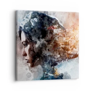 Impression sur toile - Image sur toile - L'histoire d'une fille avec une ville en arrière-plan - 30x30 cm