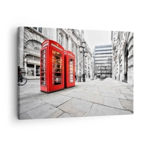 Impression sur toile - Image sur toile - Cabines téléphoniques rouges sur fond de paysage urbain - 70x50cm - Welcome to London - Décoration murale moderne pour le salon et la chambre ARTTOR