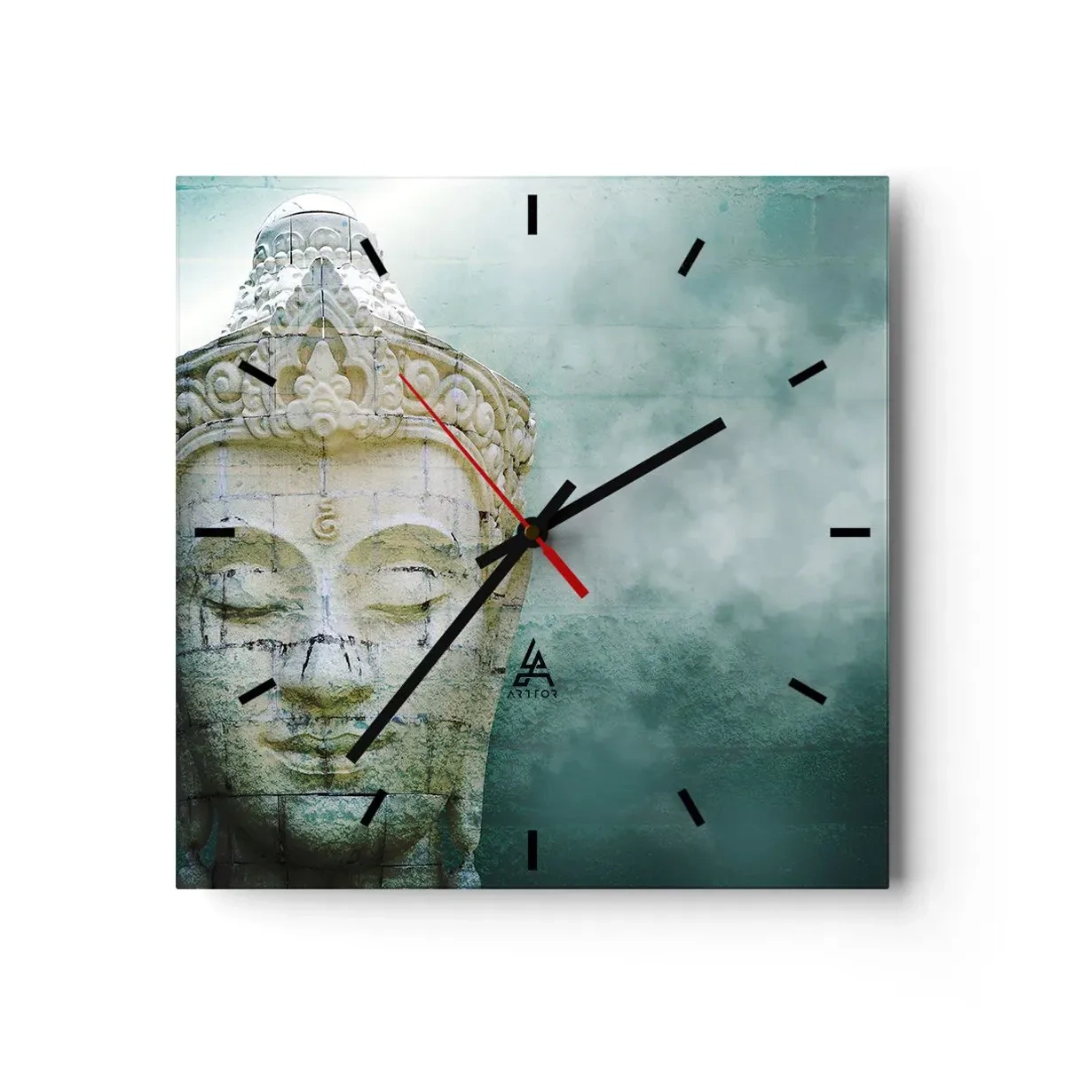 Horloge murale - Pendule murale - Statue de Bouddha avec une douce brume sur un fond vert - 30x30cm - A la recherche de la lumière - Décoration murale moderne pour le salon et la chambre ARTTOR