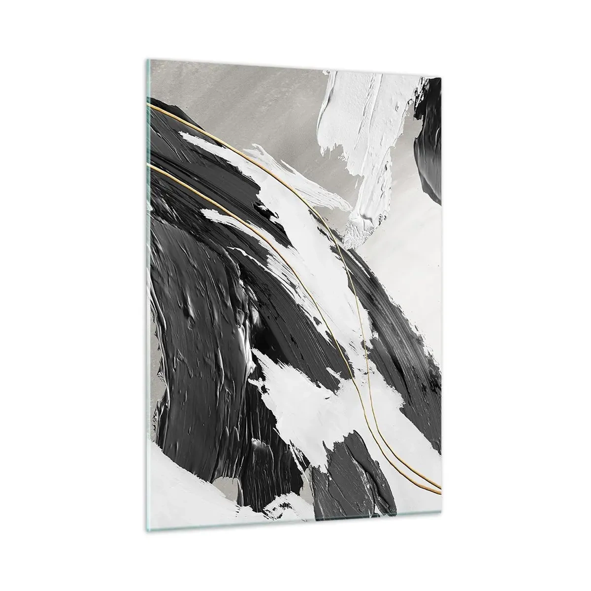 Impression sur verre - Image sur verre - Traits dynamiques en noir et blanc avec une touche dorée - 50x70cm - L'abstraction à grande échelle - Décoration murale moderne pour le salon et la chambre ARTTOR