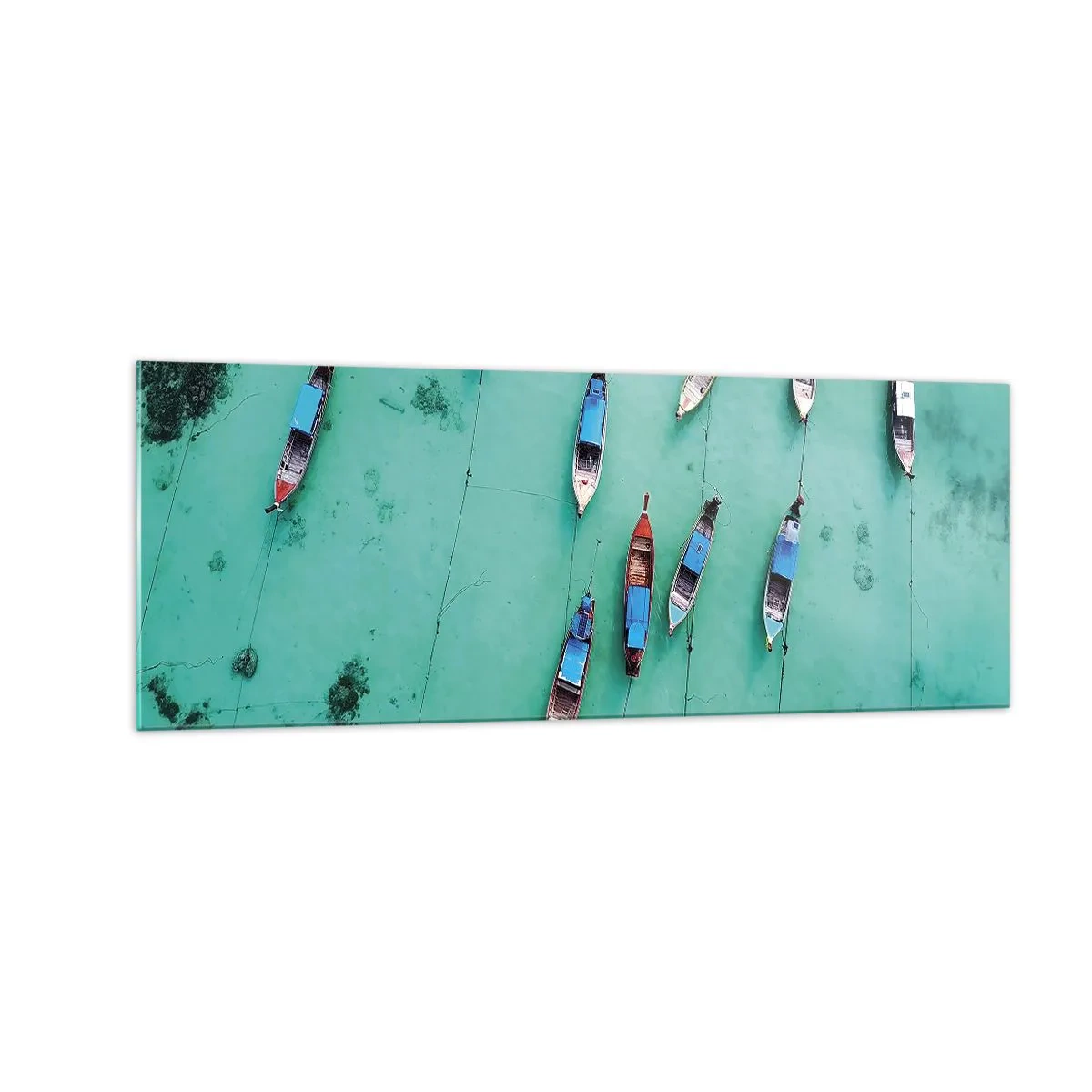 Impression sur verre - Image sur verre - Vue aérienne de bateaux sur une eau turquoise - 140x50cm - Dans une attente jouyeuse - Décoration murale moderne pour le salon et la chambre ARTTOR