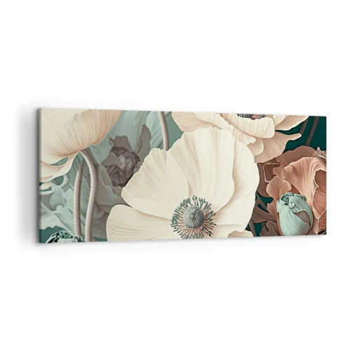 Impression sur toile - Image sur toile - Fleurs élégantes aux tons pastel sur fond vert - 120x50cm - Le murmure des coquelicots - Décoration murale moderne pour le salon et la chambre ARTTOR