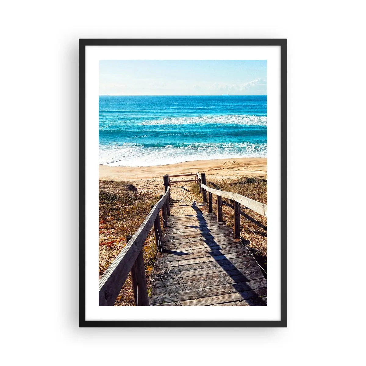 Affiche dans un cadre noir - Poster - Chemin en bois menant à la plage avec vue sur la mer - 50x70cm - Cours! - Décoration murale moderne pour le salon et la chambre ARTTOR